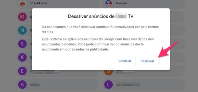 Ação para confirmar a retirada de um termo nas configurações para anúncios em uma conta do Google (Foto: Reprodução/Marvin Costa) Ação para confirmar a retirada de um termo nas configurações para anúncios em uma conta do Google (Foto: Reprodução/Marvin Costa)