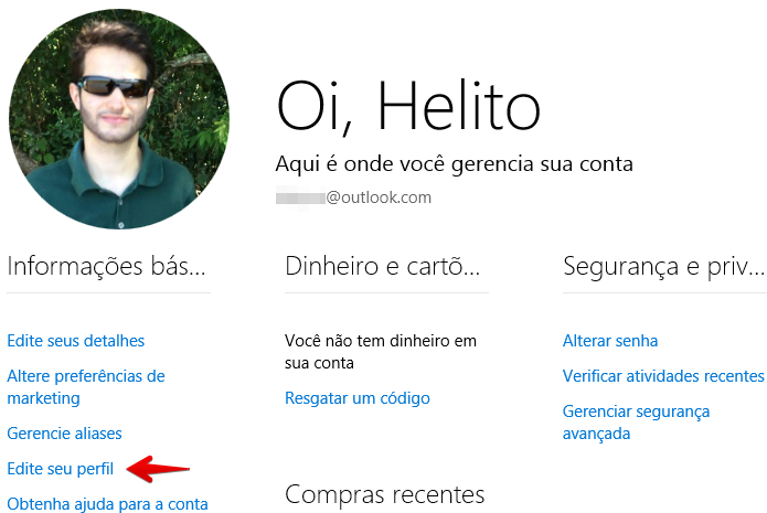 Editando o perfil da conta Microsoft (Foto: Reprodução/Helito Bijora)