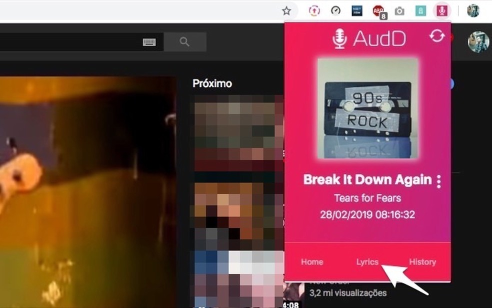 Ação para abrir a letra de uma música reconhecida no Chrome pela extensão AudD Music Recognition — Foto: Reprodução/Marvin Costa