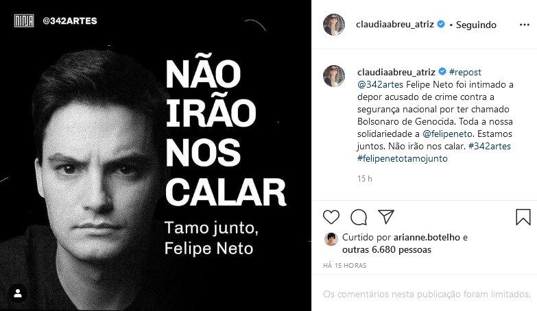 Claudia Abreu presta apoio a Felipe Neto (Foto: Reprodução/Instagram)