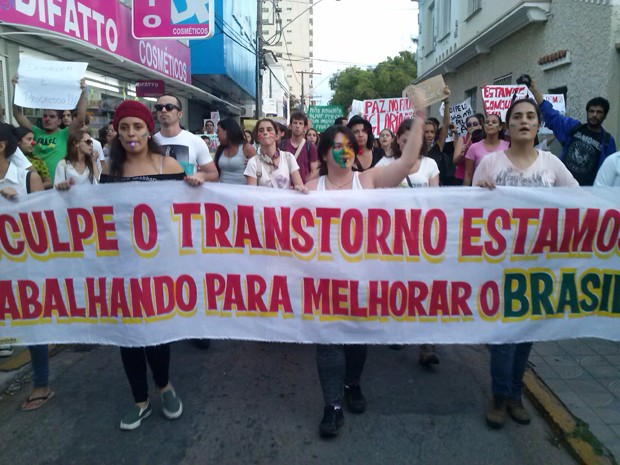 Manifestantes saem às ruas em Alfenas (Foto: Cláudia Martins / EPTV)