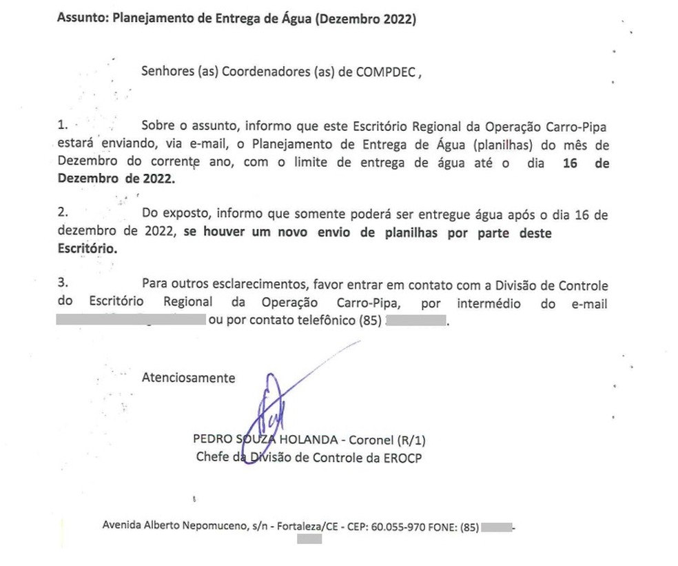 Comunicado da 10ª Região Militar informa suspensão da distribuição de água pela Operação Carro-Pipa — Foto: Reprodução