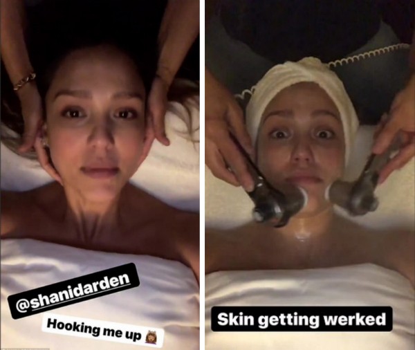 A atriz Jessica Alba recebendo massagem em um spa (Foto: Instagram)