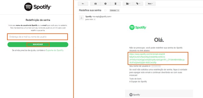 Envie o e-mail e acesse o link para redefinir a senha do Spotify (Foto: Reprodução/Barbara Mannara)
