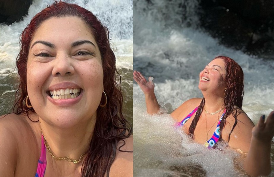 Fabiana Karla se refresca em banho de cachoeira: 'Ariel do nordeste'
