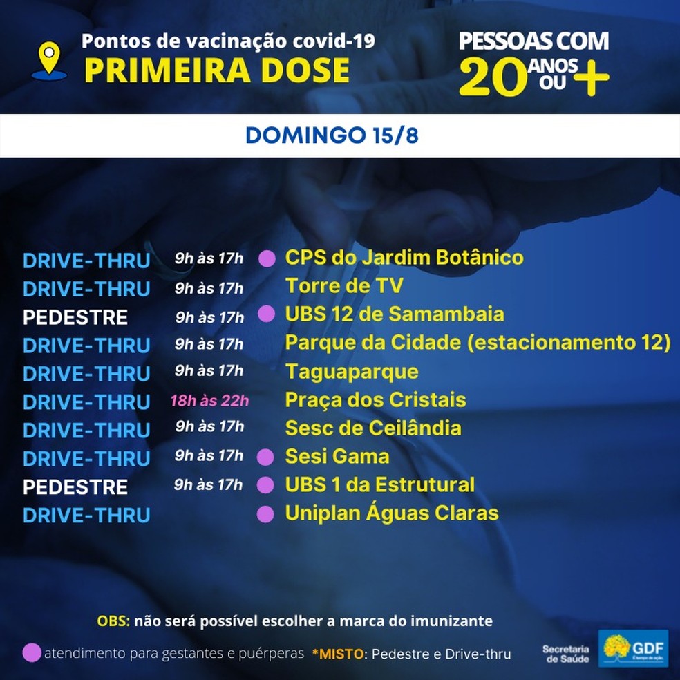 Postos para aplicação de primeira dose contra Covid-19 no DF, em 15 de agosto  — Foto: SES-DF/Reprodução