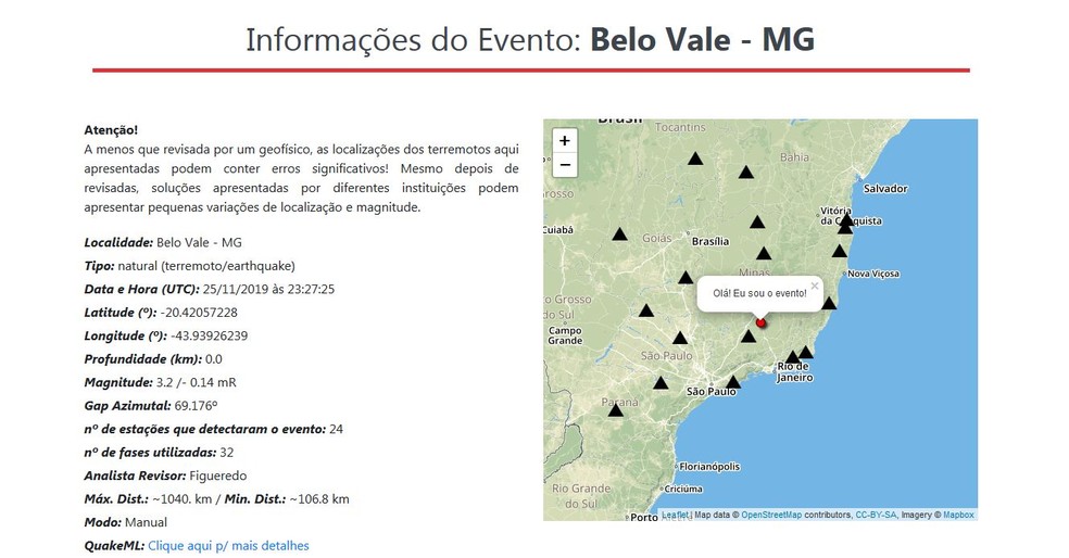 Tremor de magnitude 3.2 é registrado em Belo Horizonte — Foto: Reprodução