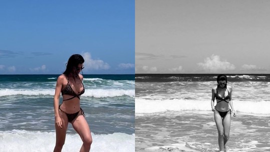 Alinne Moraes faz pose ao sair do mar usando biquíni transpassado, e web reage: "Como é linda"