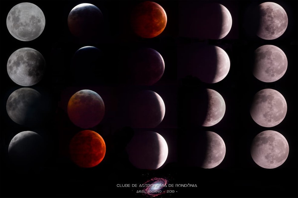 Imagens detalham as fases de um eclipse lunar total — Foto: Ariel Adorno/Arquivo pessoal