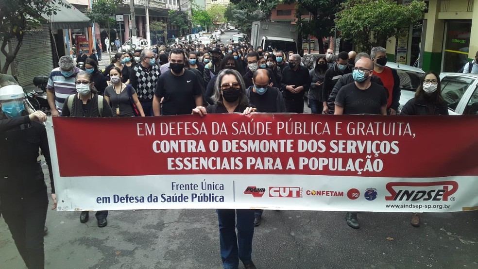 Funcionários do serviço de Vigilância Sanitária de SP protestam nesta segunda (17) contra alterações feitas pelo prefeito Bruno Covas — Foto: Divulgação/Sindsep