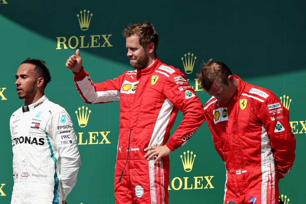 Hamilton, Vettel e Raikkonen no pÃ³dio do GP da Ingalterra (Foto: Charles Coates/Getty Images))
