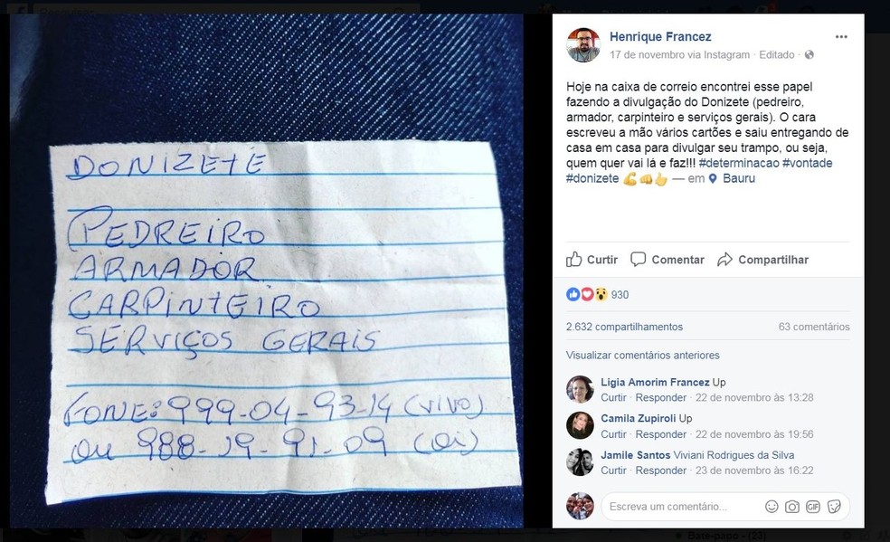 Henrique fez questão de compartilhar o cartãozinho de Donizete nas redes sociais e em poucos dias, o post teve mais de 2 mil compartilhamentos (Foto: Reprodução/ Facebook )