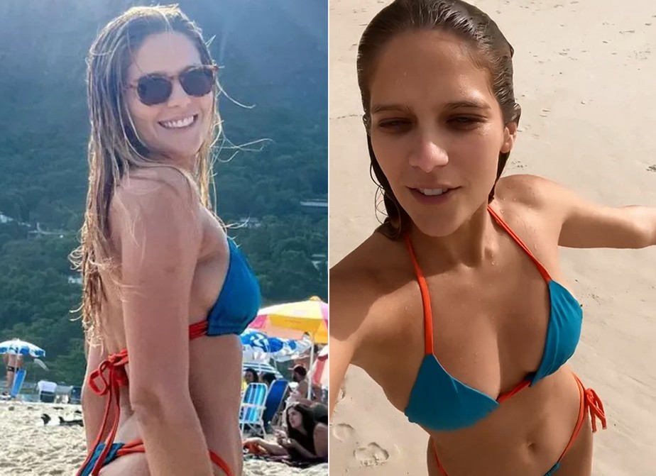 Isabella Santoni repete biquíni: ela usou modelo no domingo (à esquerda) e nesta segunda (6)