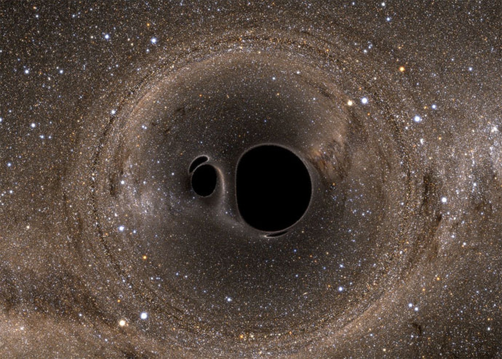 Simulação ilustra colisão de buracos negros como aquela detectada pelo projeto Ligo (Foto: Andy Bohn et al.)