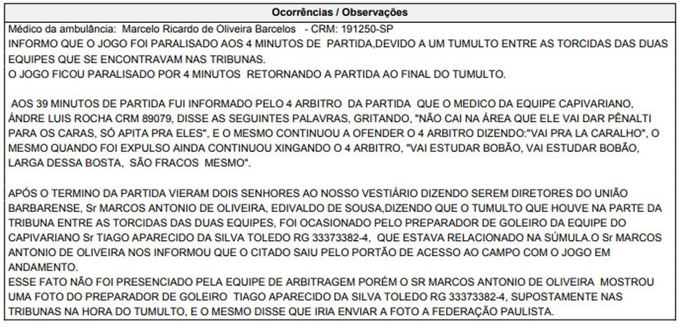 SÃºmula relata a confusÃ£o (Foto: ReproduÃ§Ã£o / FPF)