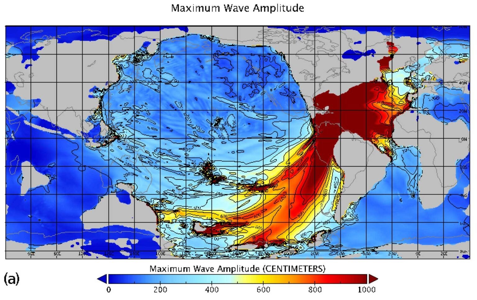 Amplitude máxima da onda do tsunami, em centímetros, após o impacto do asteroide há 66 milhões de anos (Foto: Range et al.)