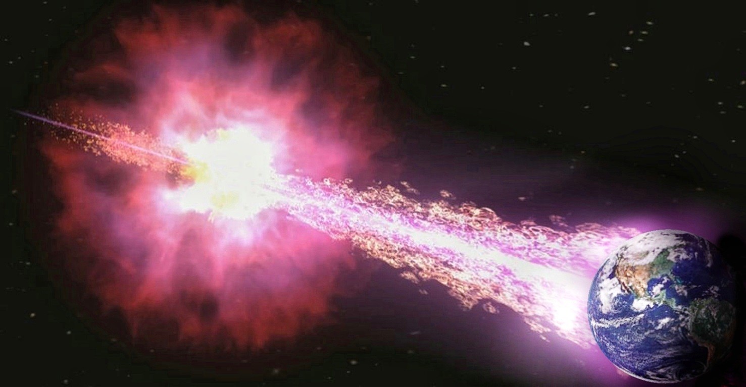 Concepção artística de uma rajada de raio gama vindo até a Terra  (Foto: Divulgação/NASA/Swift/Cruz deWilde, edit: R. Spinelli)
