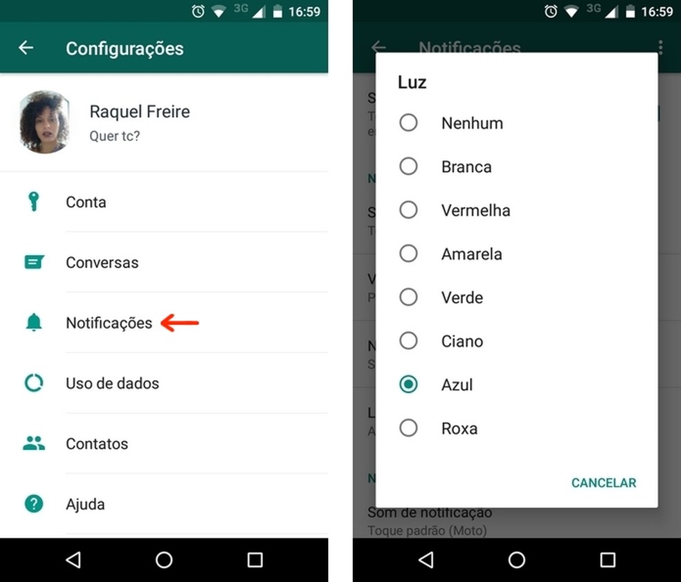 Alteração da cor do LED para notificações no WhatsApp para Android (Foto: Reprodução/Raquel Freire)