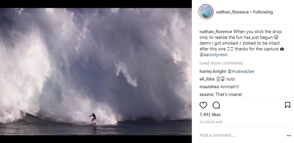 Nathan Florence, irmão de John Johm, à frente de avalanche de água em Jaws (Foto: Reprodução/Instagram)