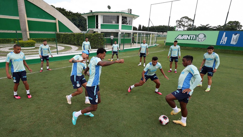Titulares do Palmeiras fazem treino tático após derrota na Libertadores com reservas