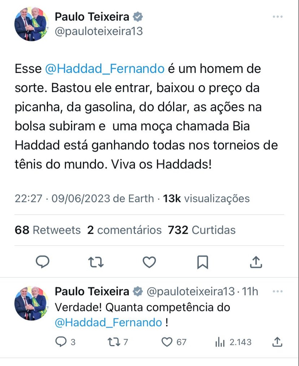 Paulo Teixeira comete ato falho ao elogiar Haddad no Twitter — Foto: Reprodução