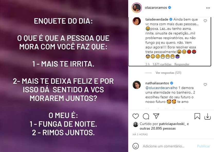 Post de Lázaro - e resposta de Tais (Foto: Reprodução/Instagram)