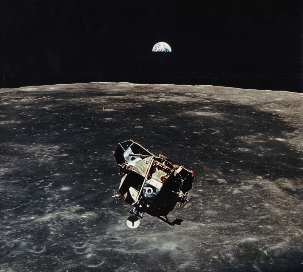 Módulo Lunar Apollo, parte da nave usada no Projeto Apollo. Com seu formato de aranha, era usado para a descida no solo lunar — Foto: Divulgação/Nasa