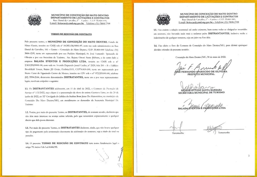 Distrato entre Gusttavo Lima e prefeitura de Conceição do Mato Dentro — Foto: Divulgação / Prefeitura de Conceição do Mato Dentro