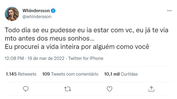 Postagem de Whindersson Nunes em sua conta oficial do Twitter (Foto: Reprodução/Twitter)