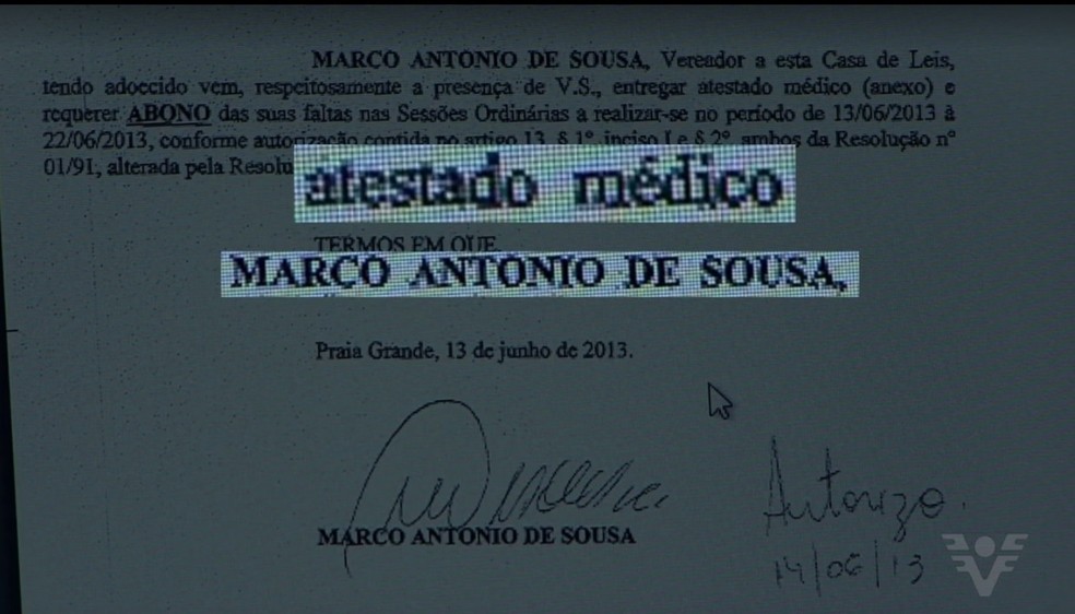 Atestado médico foi assinado por médico amigo do vereador (Foto: Reprodução/TV Tribuna)