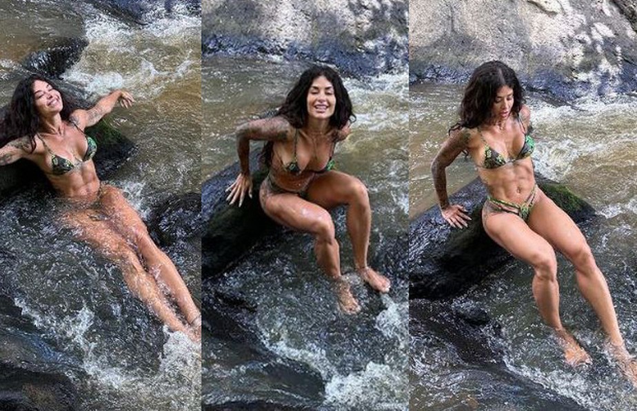 Aline Campos se refresca em banho de cachoeira em Além Paraíba, em Minas Gerais
