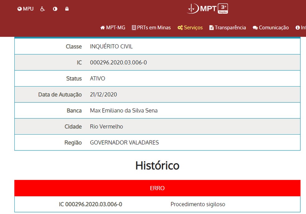Consulta no portal do Ministério Público do Trabalho de Minas Gerais mostra que processo é sigiloso — Foto: Reprodução