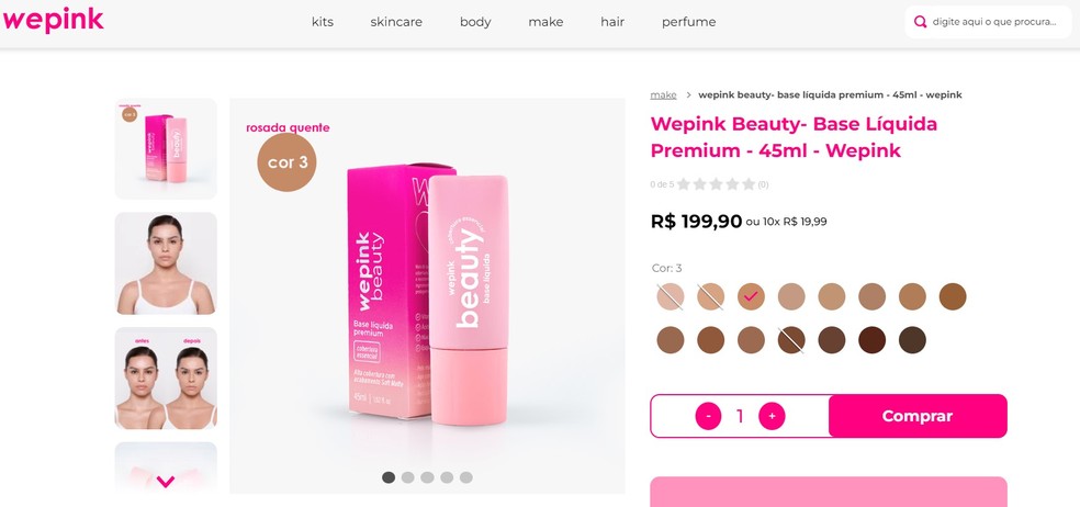 Linha da base da WePink disponível para venda no site da marca por R$ 199,90 — Foto: Reprodução