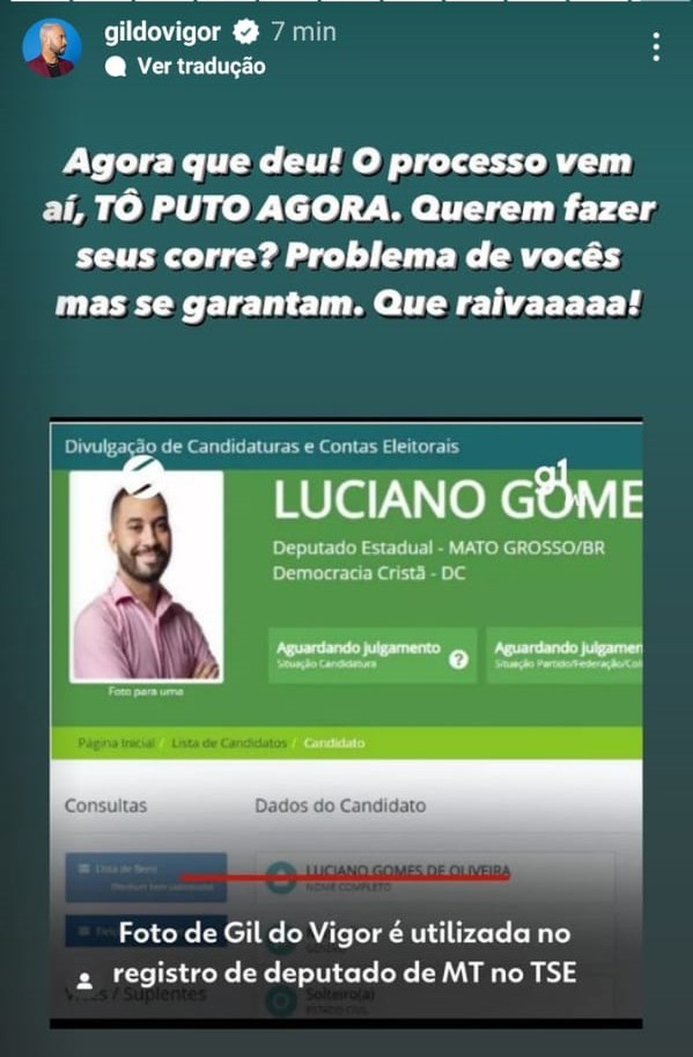 Gil reage após receber notícia de que tinha foto usada por pré-candidato no TSE — Foto: Redes sociais