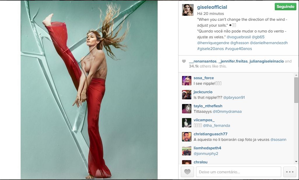 Seguidores comentaram a ausência de blusa de Gisele (Foto: Reprodução/Instagram)