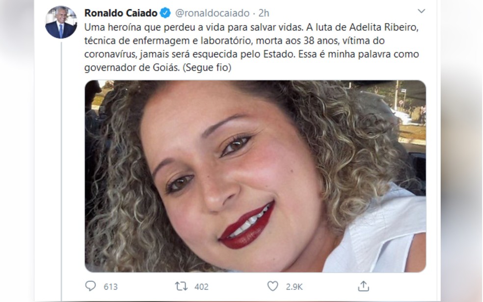 Governador Ronaldo Caiado homenageia Adelita Ribeiro, que morreu por coronavírus — Foto: Reprodução/Twitter