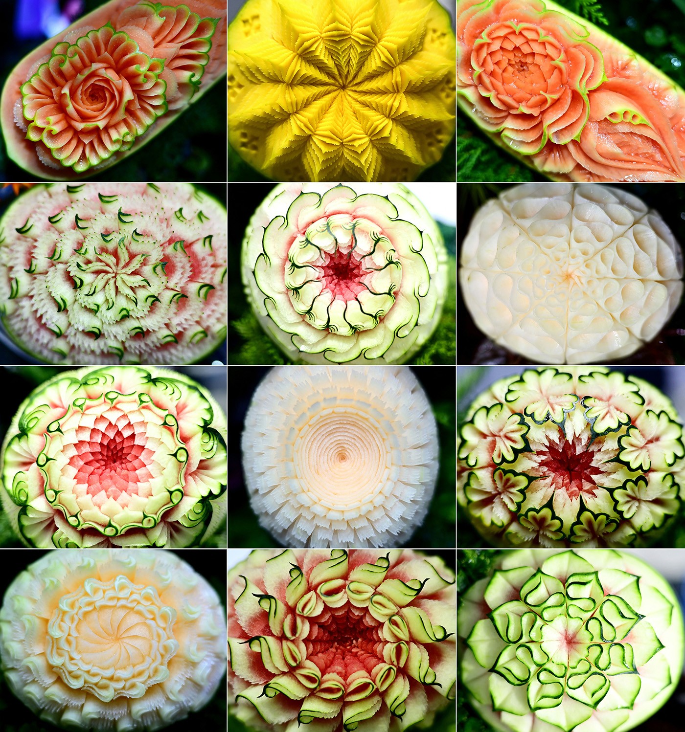 Escultura em frutas e vegetais chamam atenção em competição na Tailândia