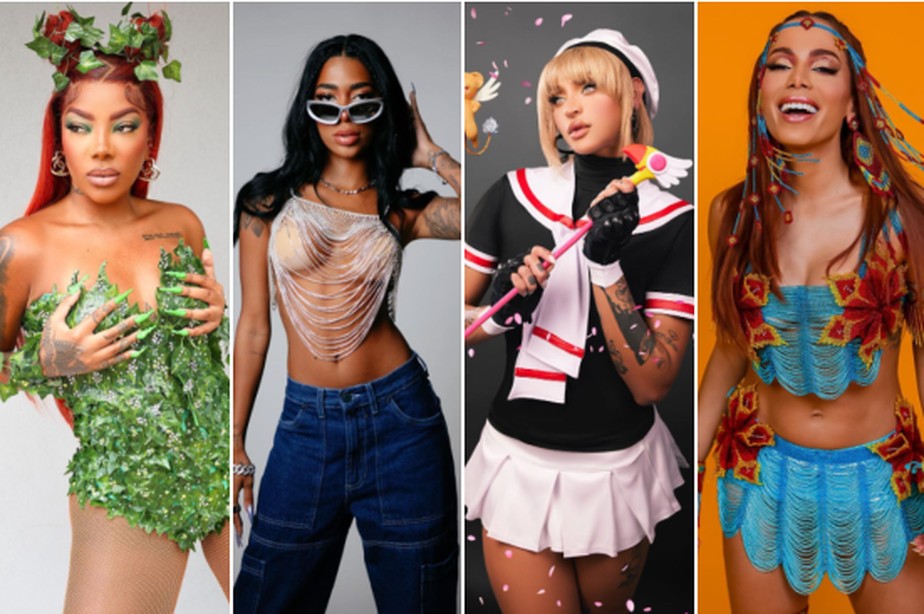 Montagem de fotos de looks que se destacaram entre famosas no sábado de Carnaval, 18 de fevereiro de 2023: Ludmilla, Dhiovanna Barbosa, Pabllo Vittar e Anitta