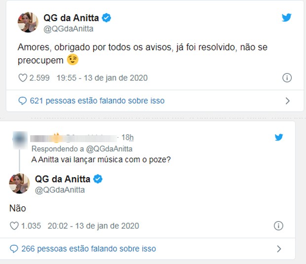 Equipe de Anitta responde questionamento de fãs (Foto: Reprodução/Twitter)
