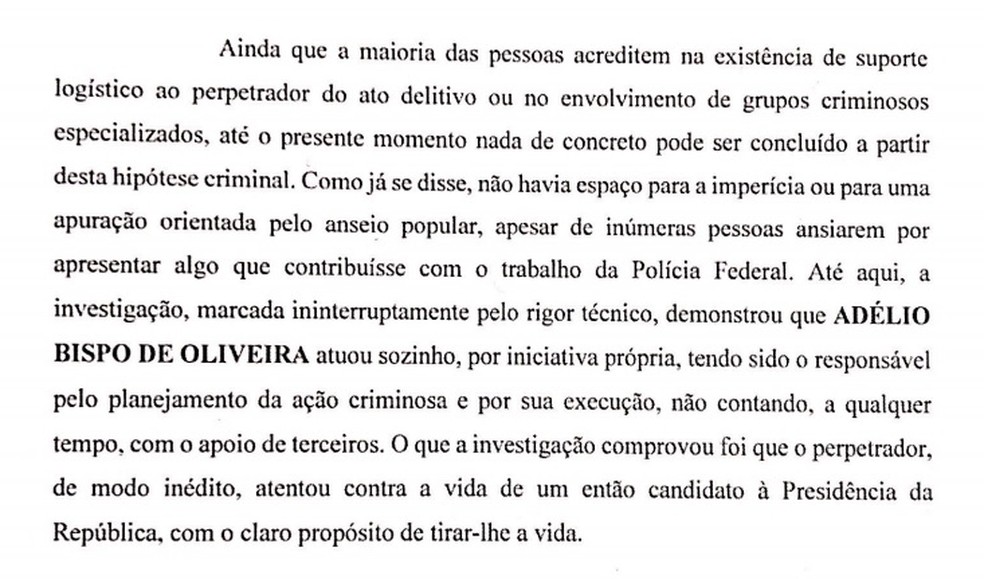 Trecho da conclusão do segundo inquérito da PF sobre o atentado a Bolsonaro. — Foto: Reprodução