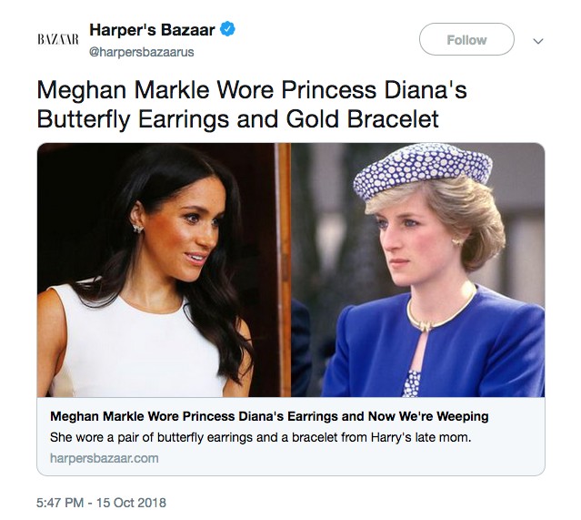 Um tuíte da imprensa internacional mostrando as peças utilizadas pela atriz Meghan Markle em homenagem a Lady Di, mãe do príncipe Harry (Foto: Twitter)