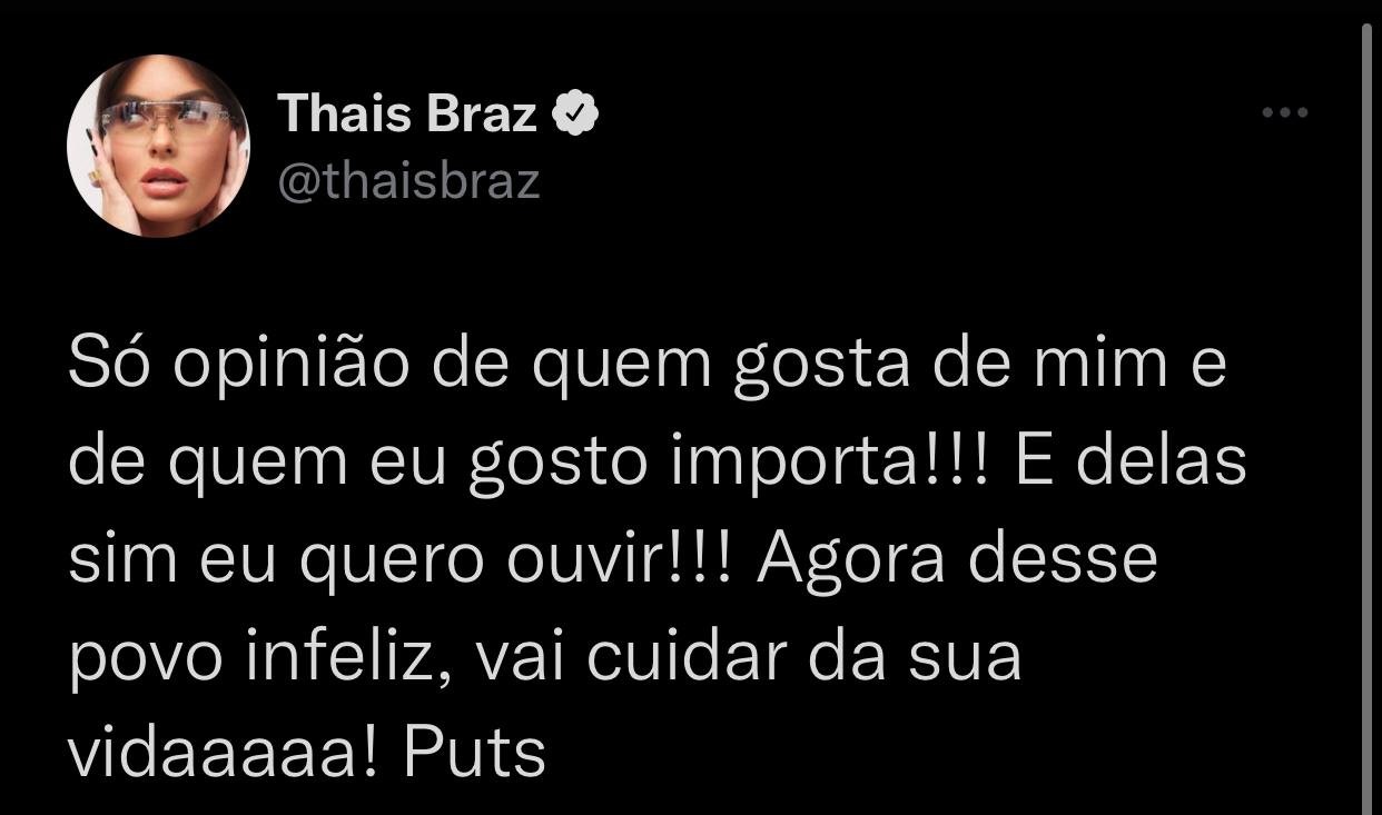 Thais Braz desabafa após críticas (Foto: Reprodução / Twitter)