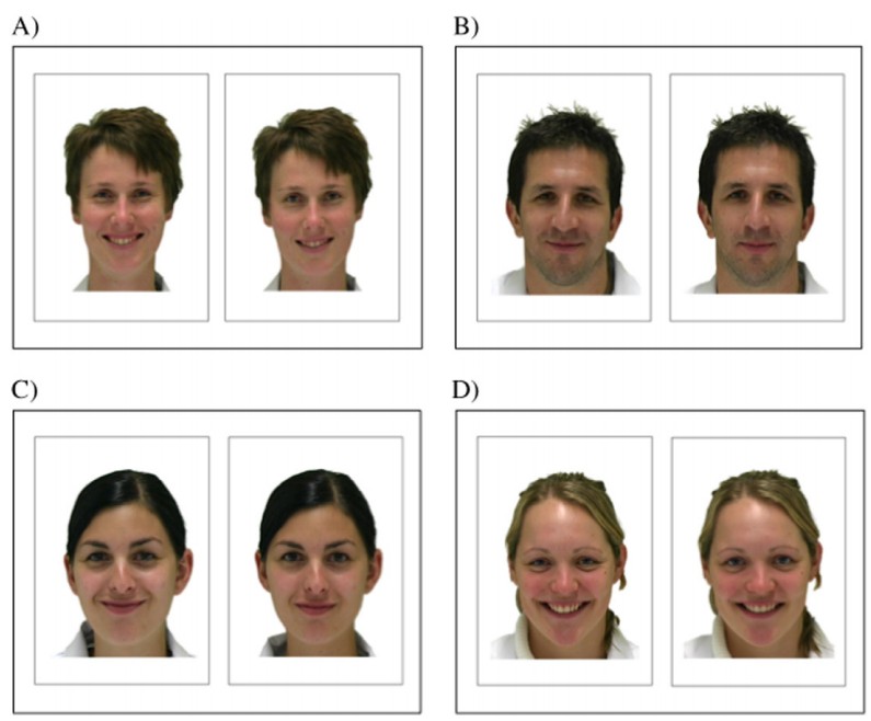 Á esquerda, sorrisos de Duchenne, considerados verdadeiros; à direita, sorrisos não-Duchenne (Foto:  Max Planck Institute for Evolutionary Anthropology)