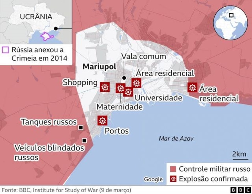 Mapa mostra o cerco a Mariupol — Foto: BBC
