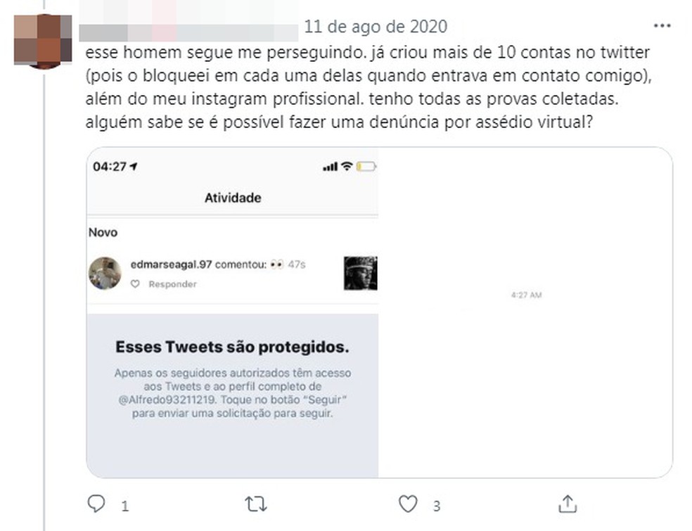 Vítima relatou nas redes sociais que vinha sendo perseguida por Edmar Alteff — Foto: Reprodução