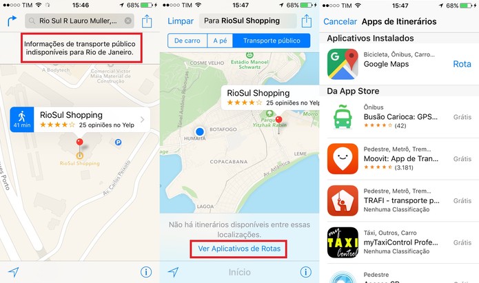 Como as rotas de transporte público no Brasil ainda não estão disponível, o Mapas sugere aplicativos (Foto: Reprodução/Juliana Pixinine)