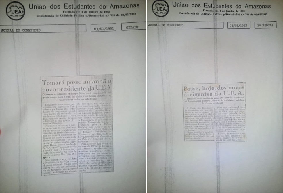 Recortes de jornais da época mostram data de posse de Phelippe Daou — Foto: Divulgação