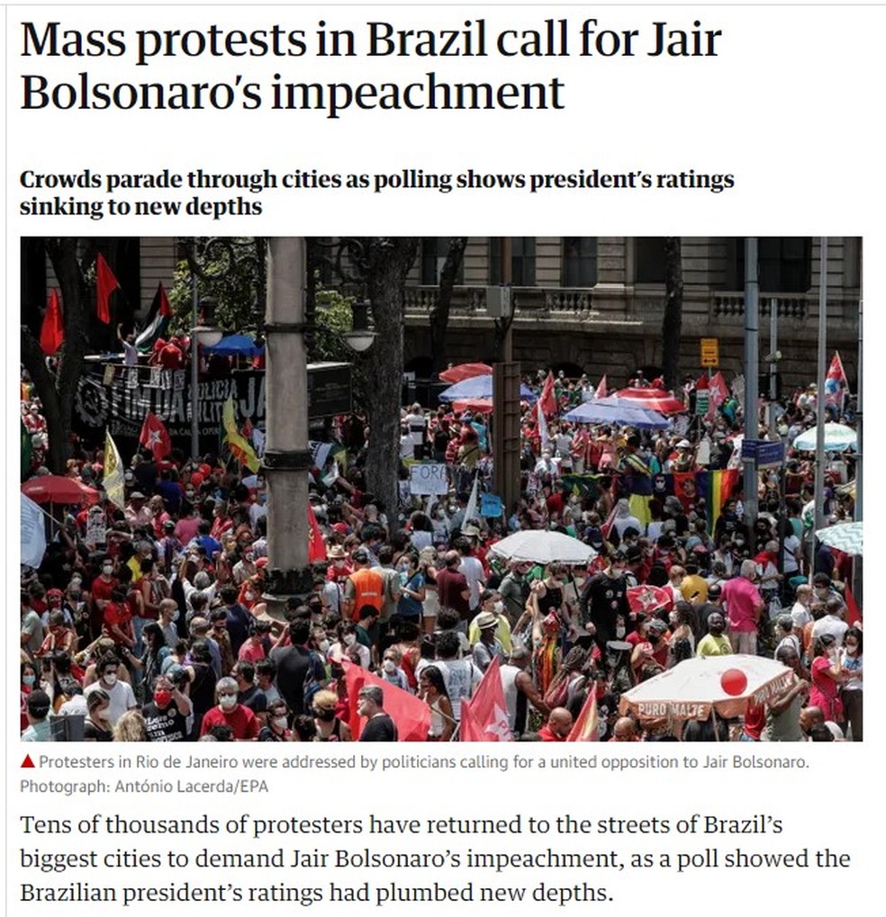 Imagem da reportagem do 'The Guardian' sobre protestos contra o presidente Jair Bolsonaro, em 2 de outubro de 2021 — Foto: Reprodução/The Guardian