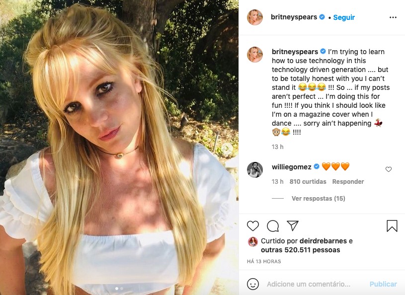 O post da cantora Britney Spears reclamando das críticas feitas aos posts dela nas redes sociais (Foto: Instagram)