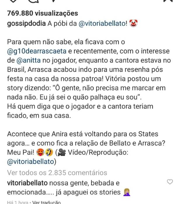 Vitória Bellato comentou a paquera entre Arrascaeta e Anitta (Foto: Reprodução/Instagram)